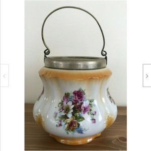 Antique Porcelain Floral Biscuit Barrel Jar Silver Plate Handle No Lid England